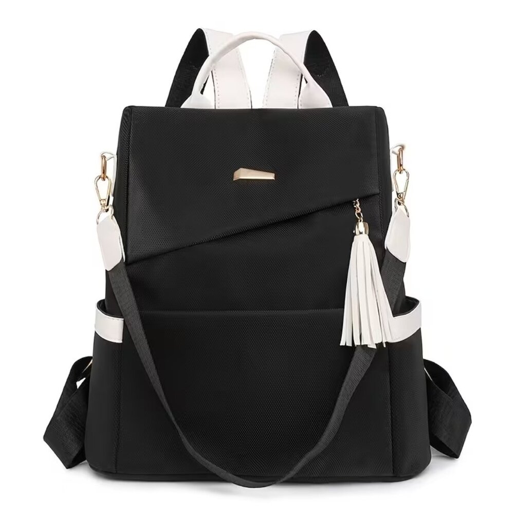 Black and White Women's Backpack Purse with Tassel
